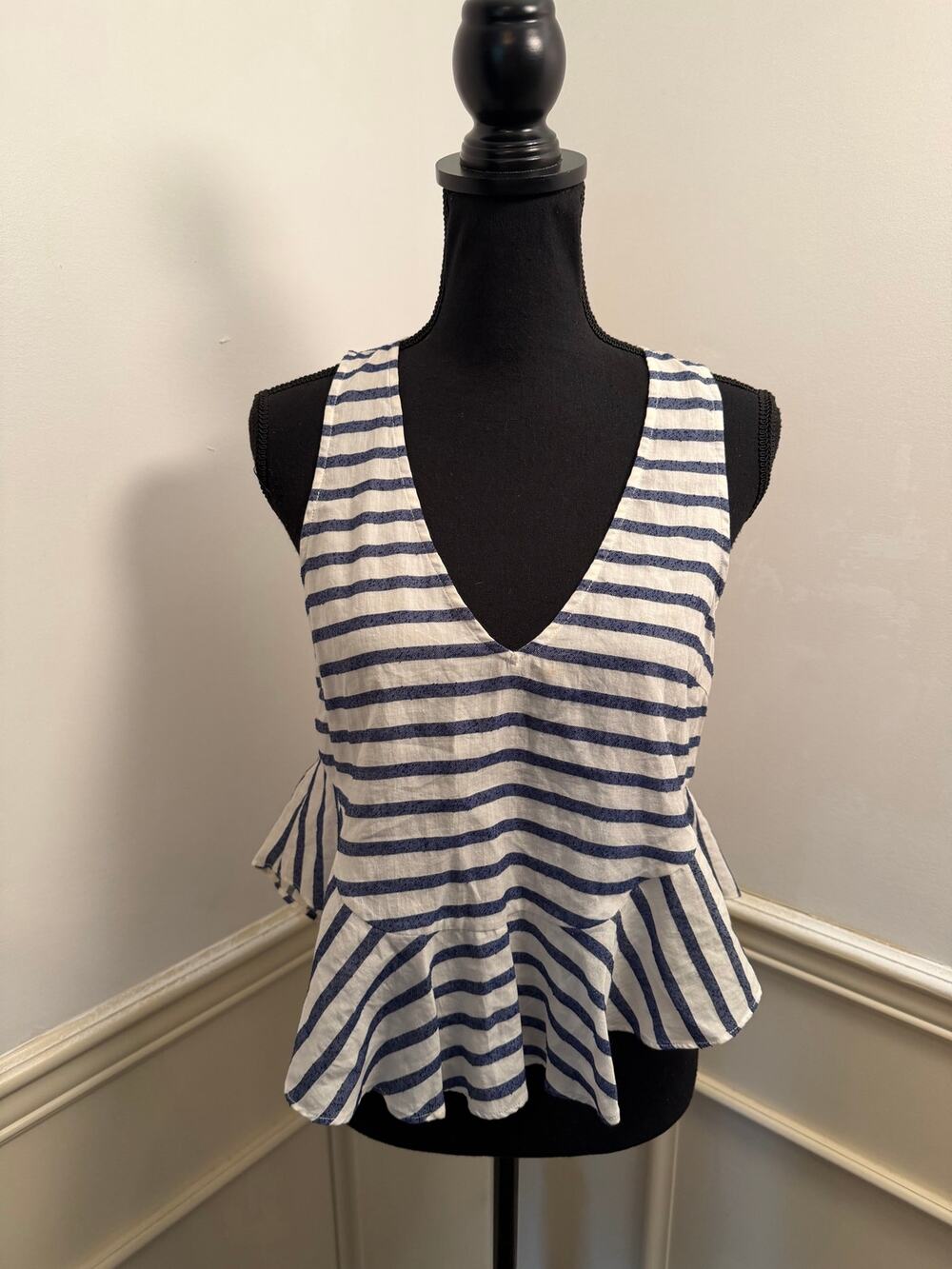 Elizabeth and James Blue Striped V-Neck Peplum Tank Top Cotton Blend Coastal